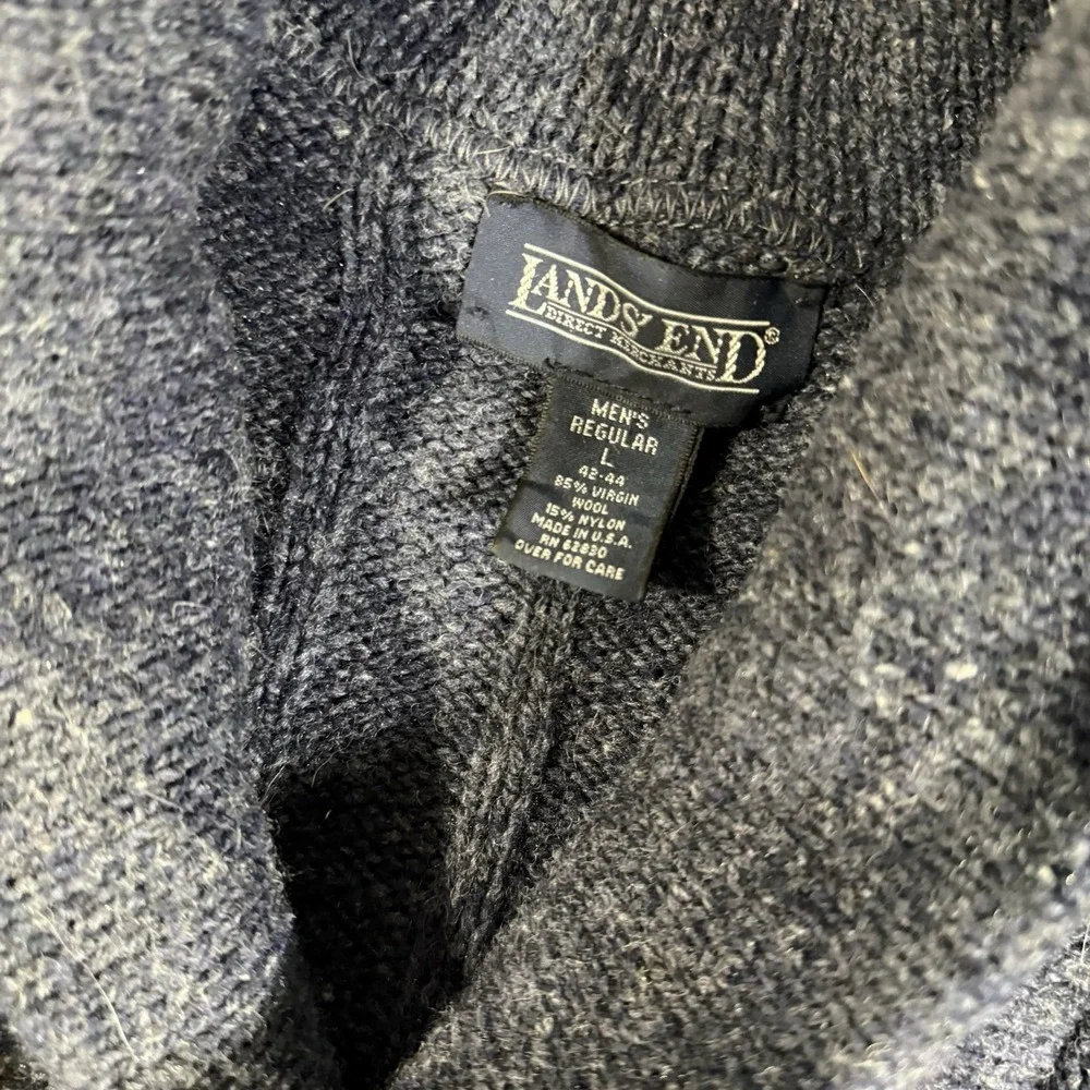 VTG Lands End Shawl Sweater Men‎ Large Blue Wool Fisherman Pullover Ribbed Knit